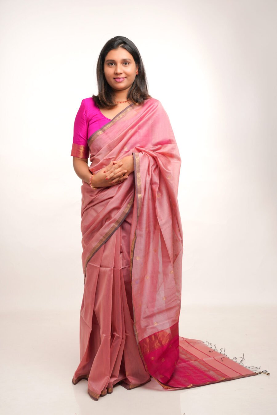 Dusty Rose Chameli Border Maheshwari Saree - Image 2