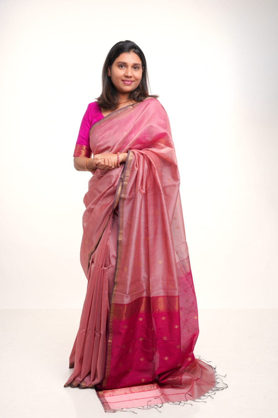 Dusty Rose Chameli Border Maheshwari Saree