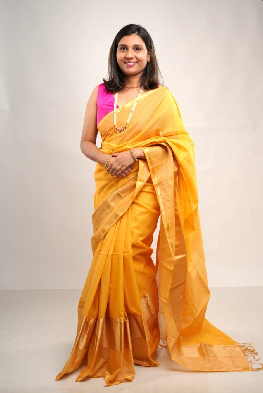 Yellow Chatai Serene Border Maheshwari Saree