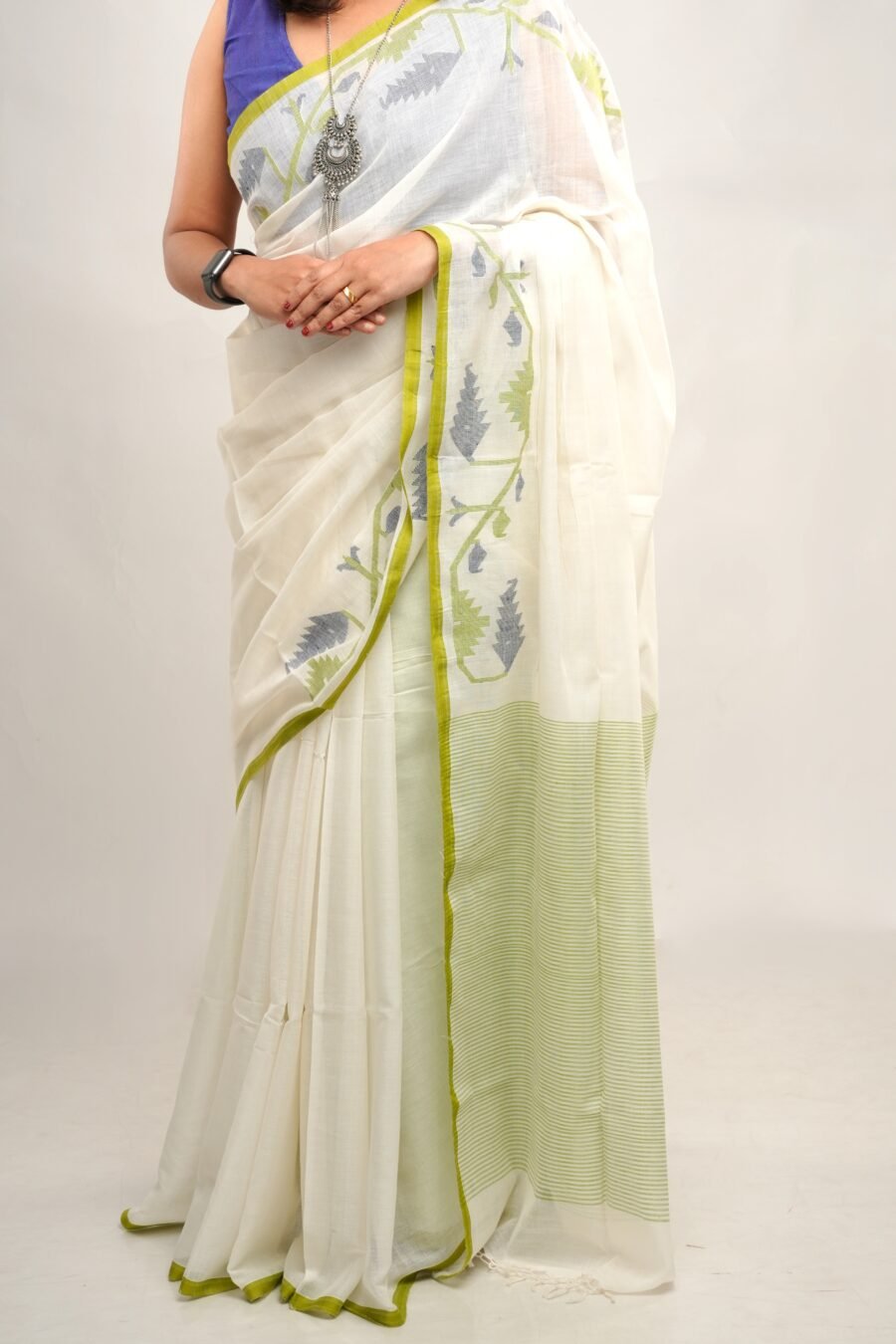 Jamdani White Pure Cotton Saree - Half Jamdani - Image 2