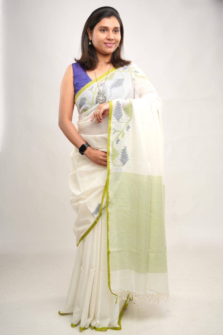 Jamdani White Pure Cotton Saree - Half Jamdani - Image 6