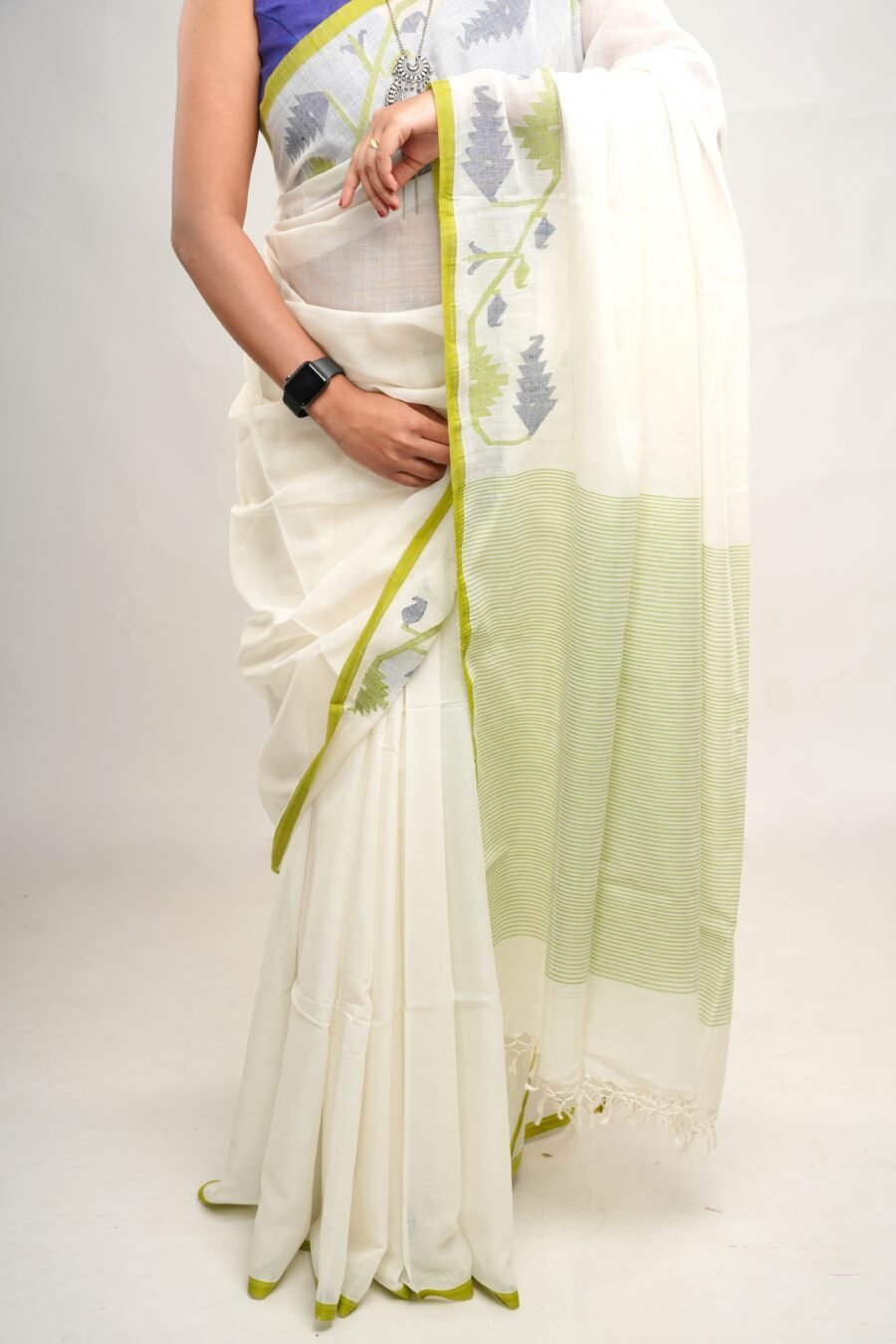 Jamdani White Pure Cotton Saree - Half Jamdani - Image 5