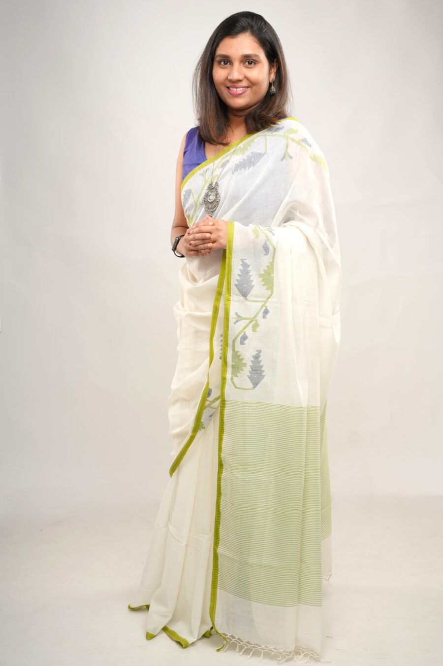 Jamdani White Pure Cotton Saree - Half Jamdani
