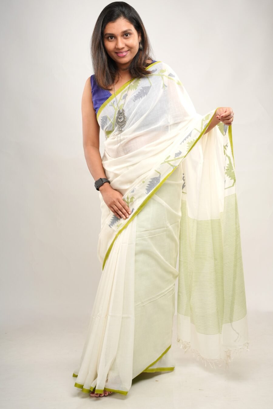Jamdani White Pure Cotton Saree - Half Jamdani - Image 3