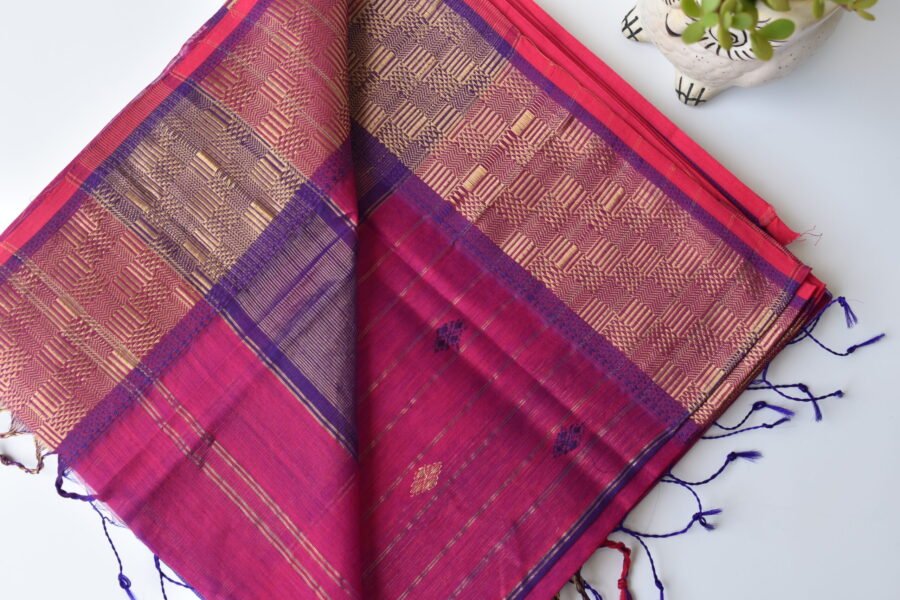 Maheshwari Square Border Butidar Dark Pink Saree - Image 4