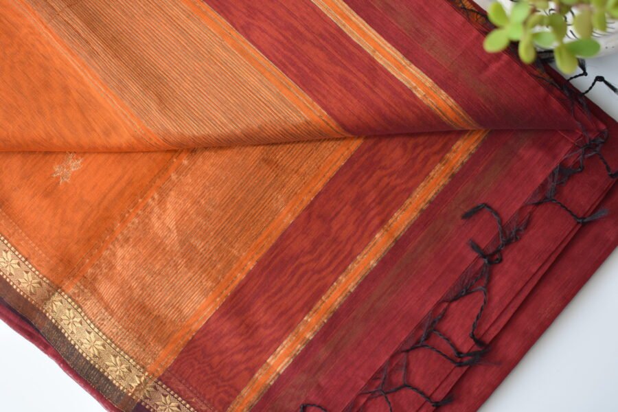 Maheshwari Chameli Border Buti Orange Saree - Image 7
