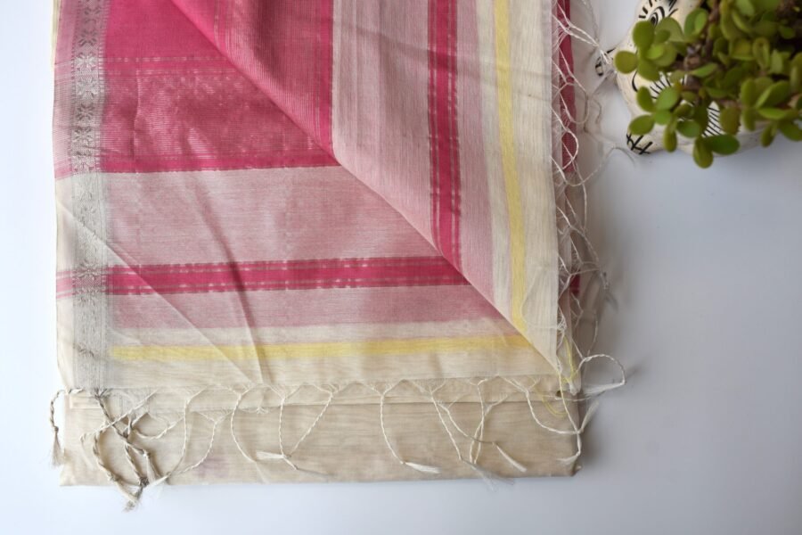 Maheshwari Chameli Border Buti White/Pink Saree - Image 23