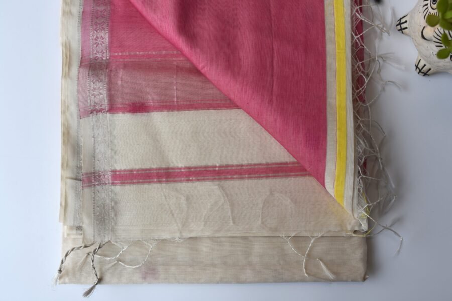 Maheshwari Chameli Border Buti White/Pink Saree - Image 18
