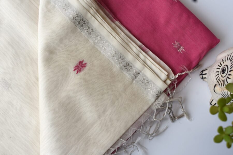 Maheshwari Chameli Border Buti White/Pink Saree - Image 15