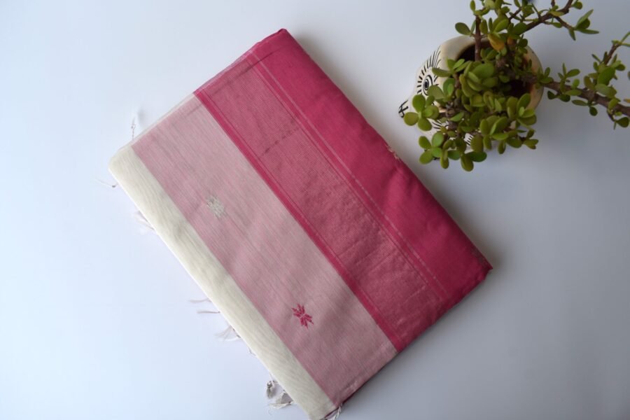 Maheshwari Chameli Border Buti White/Pink Saree - Image 6