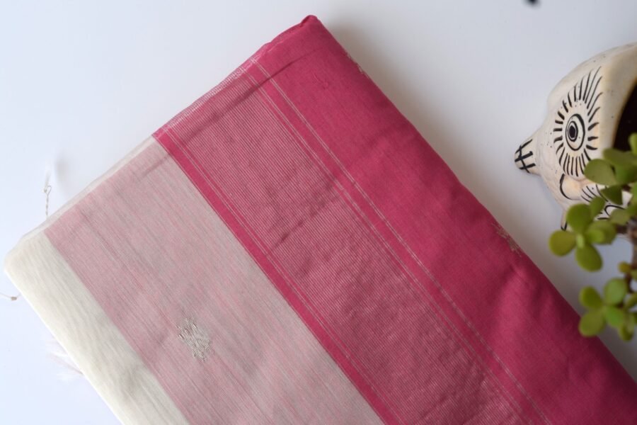 Maheshwari Chameli Border Buti White/Pink Saree - Image 3