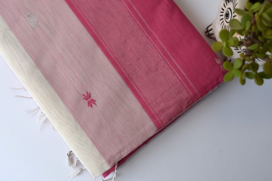 Maheshwari Chameli Border Buti White/Pink Saree - Image 20