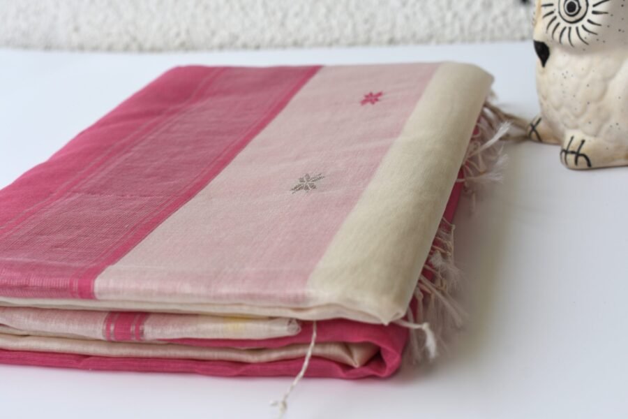 Maheshwari Chameli Border Buti White/Pink Saree - Image 4