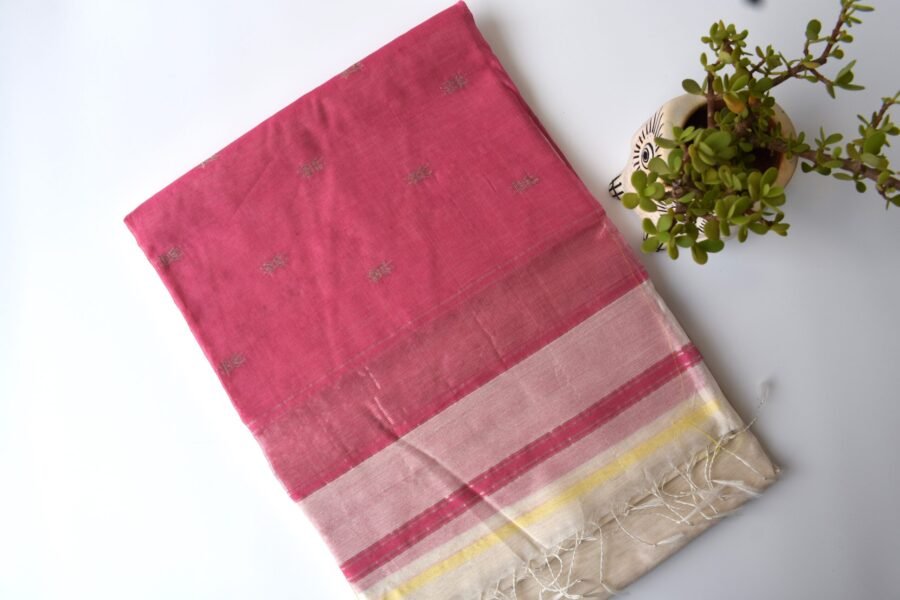 Maheshwari Chameli Border Buti White/Pink Saree - Image 9