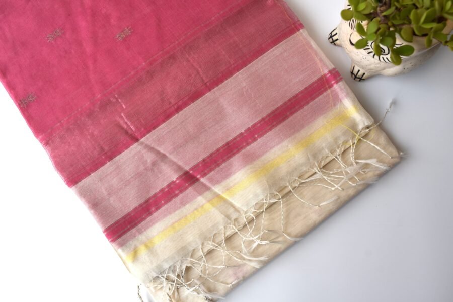 Maheshwari Chameli Border Buti White/Pink Saree - Image 5