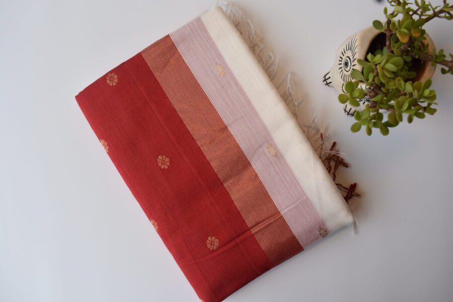 Maheshwari Chameli Border White/Red Saree