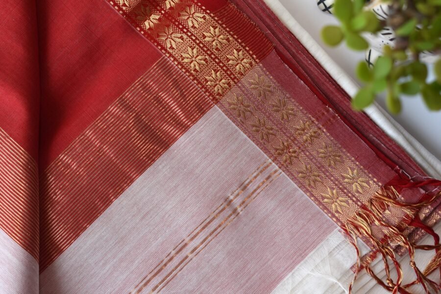 Maheshwari Chameli Border White/Red Saree - Image 4