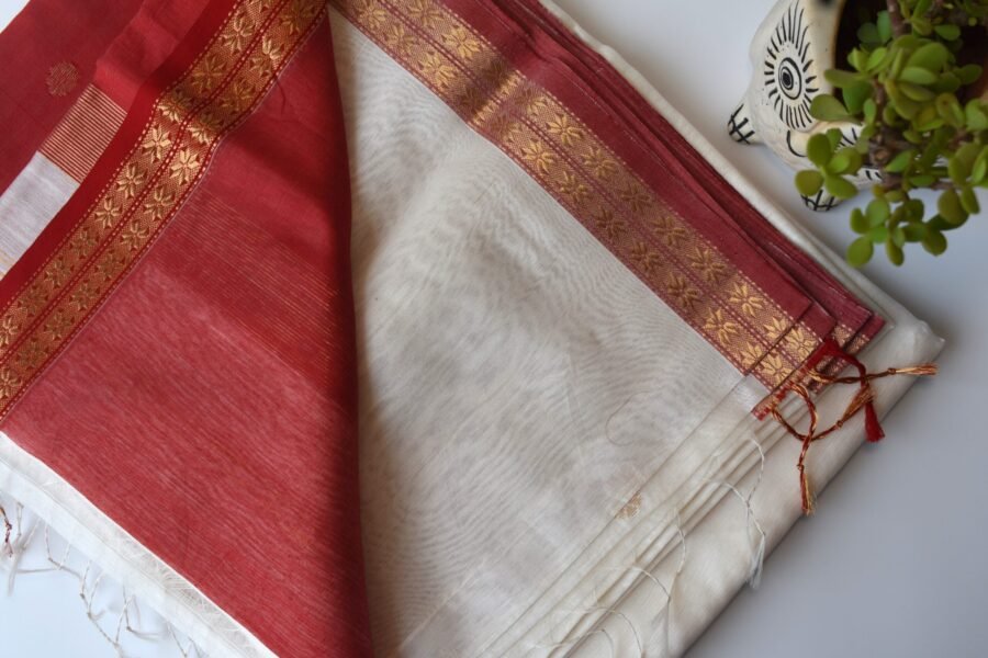 Maheshwari Chameli Border White/Red Saree - Image 17
