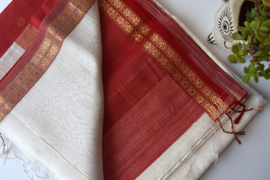 Maheshwari Chameli Border White/Red Saree - Image 7