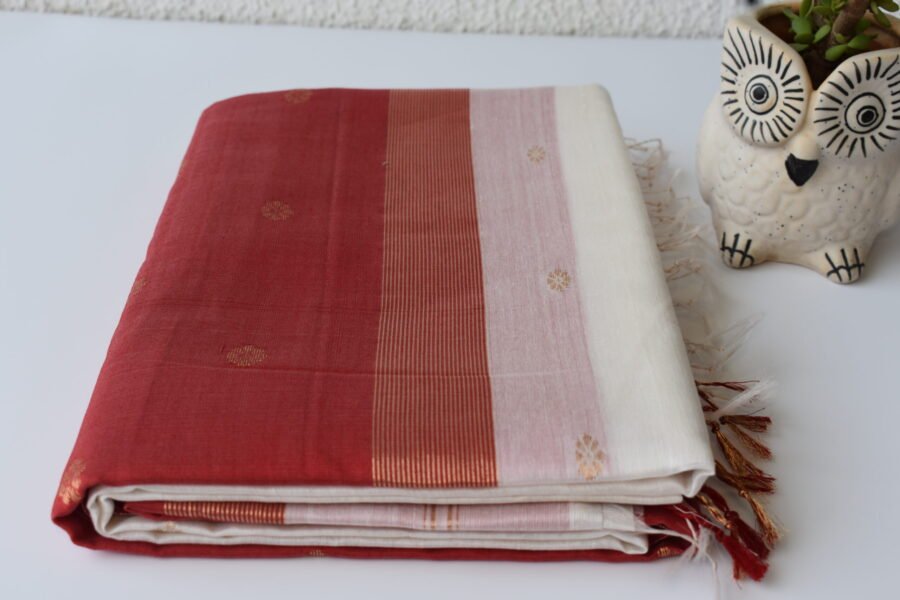 Maheshwari Chameli Border White/Red Saree - Image 10