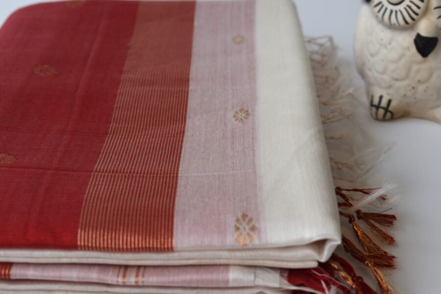 Maheshwari Chameli Border White/Red Saree - Image 9