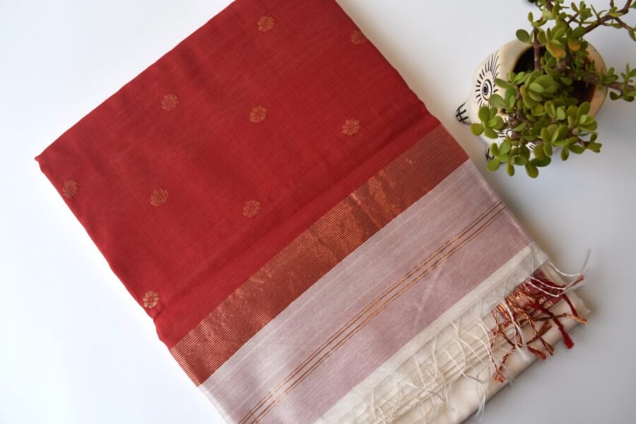 Maheshwari Chameli Border White/Red Saree - Image 15