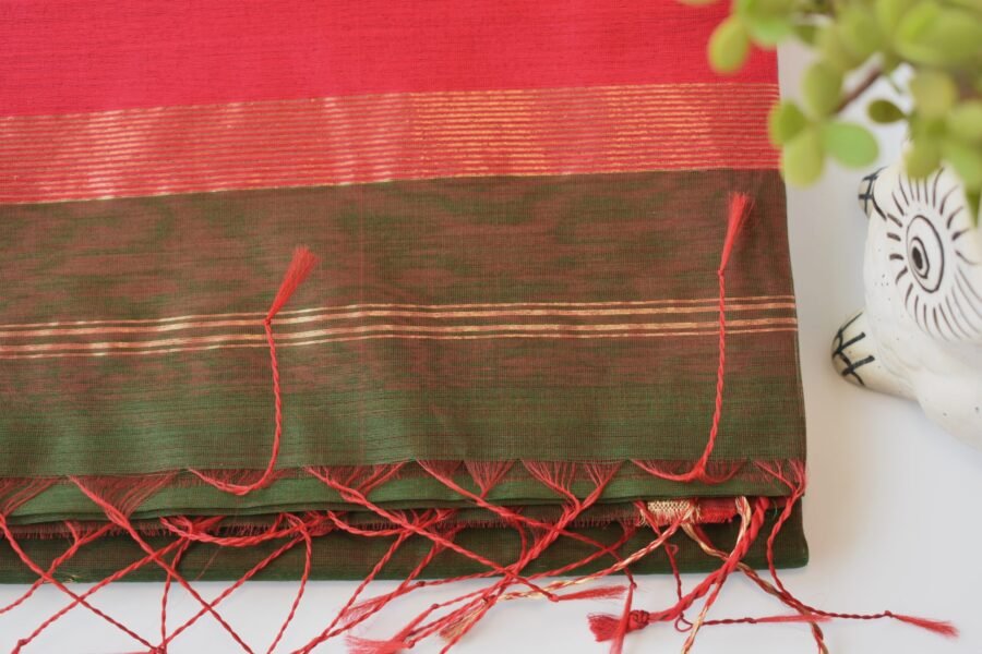 Maheshwari Chameli Border Green/Red Saree - Image 3