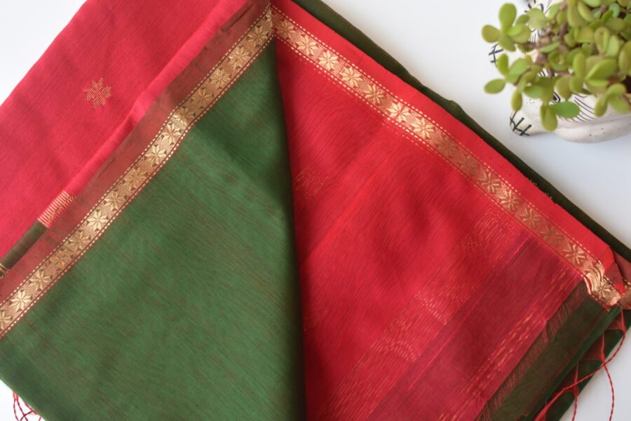 Maheshwari Chameli Border Green/Red Saree - Image 19