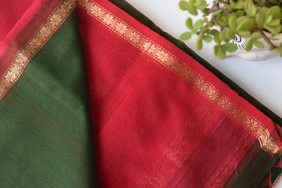 Maheshwari Chameli Border Green/Red Saree - Image 8