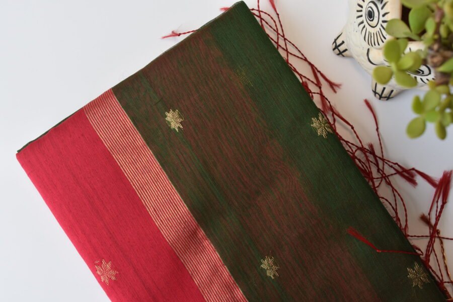Maheshwari Chameli Border Green/Red Saree - Image 2
