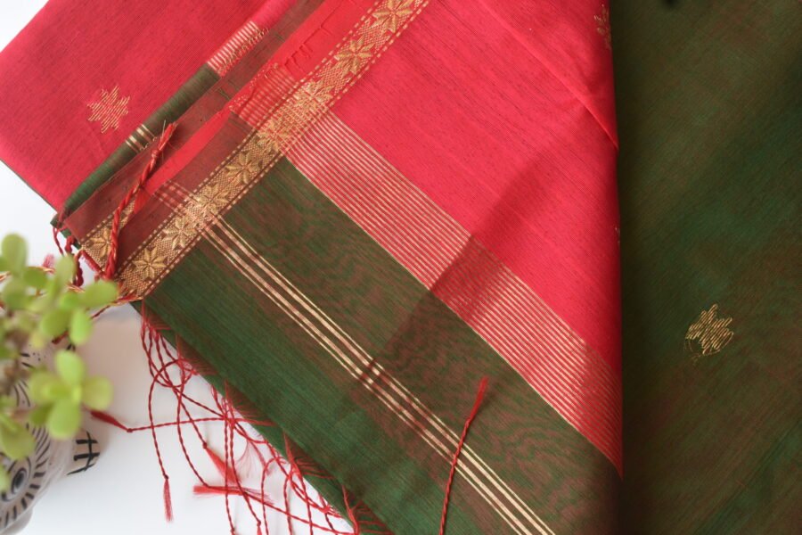 Maheshwari Chameli Border Green/Red Saree - Image 12