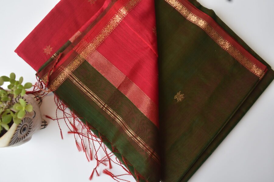 Maheshwari Chameli Border Green/Red Saree - Image 23