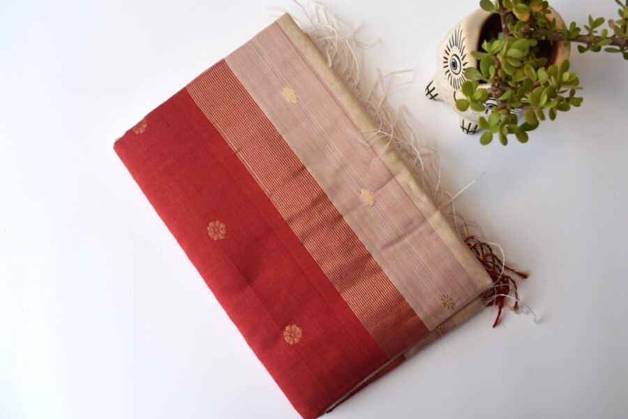 Maheshwari Chameli Border Beige/Red Saree