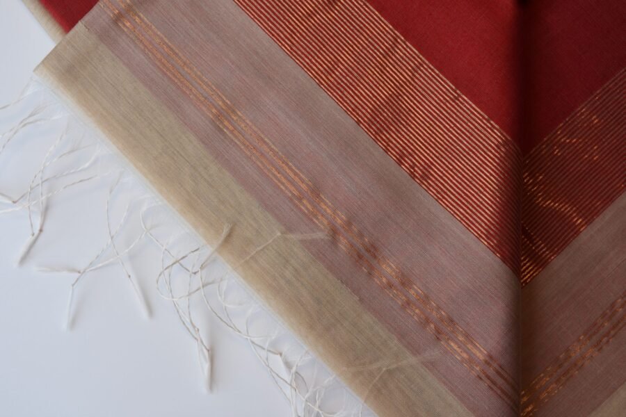 Maheshwari Chameli Border Beige/Red Saree - Image 2