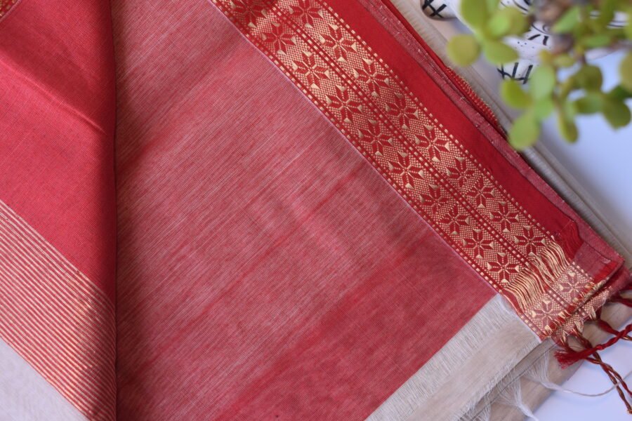 Chameli border white red saree