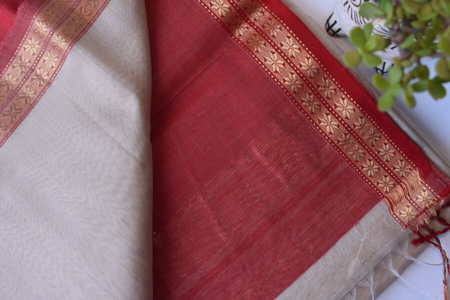 Chameli border white red saree