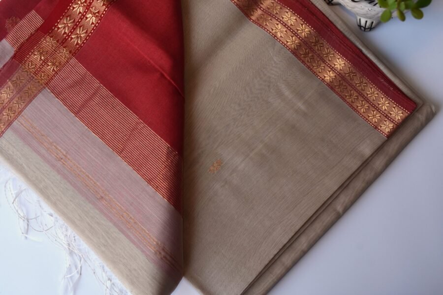 Maheshwari Chameli Border Beige/Red Saree - Image 3
