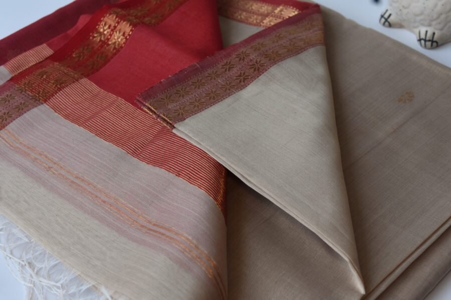 Maheshwari Chameli Border Beige/Red Saree - Image 14