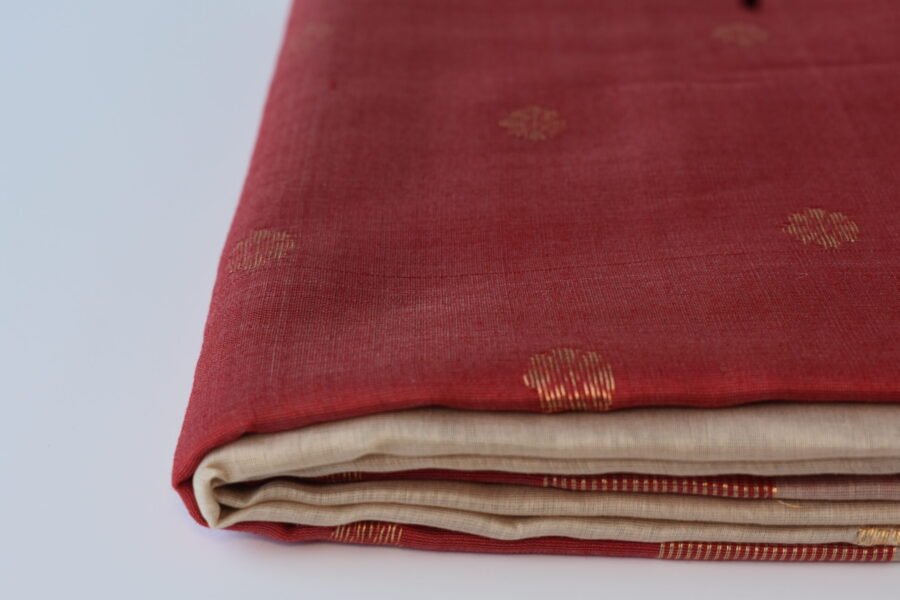 Maheshwari Chameli Border Beige/Red Saree - Image 4