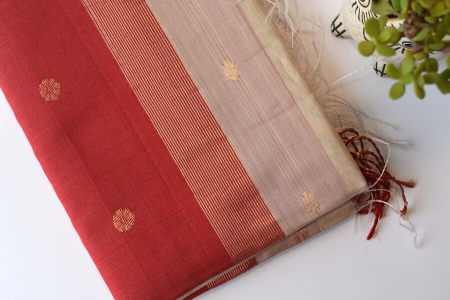 Maheshwari Chameli Border Beige/Red Saree - Image 12