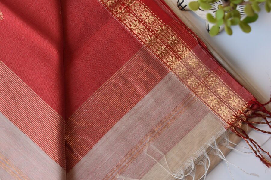 Chameli border white red saree